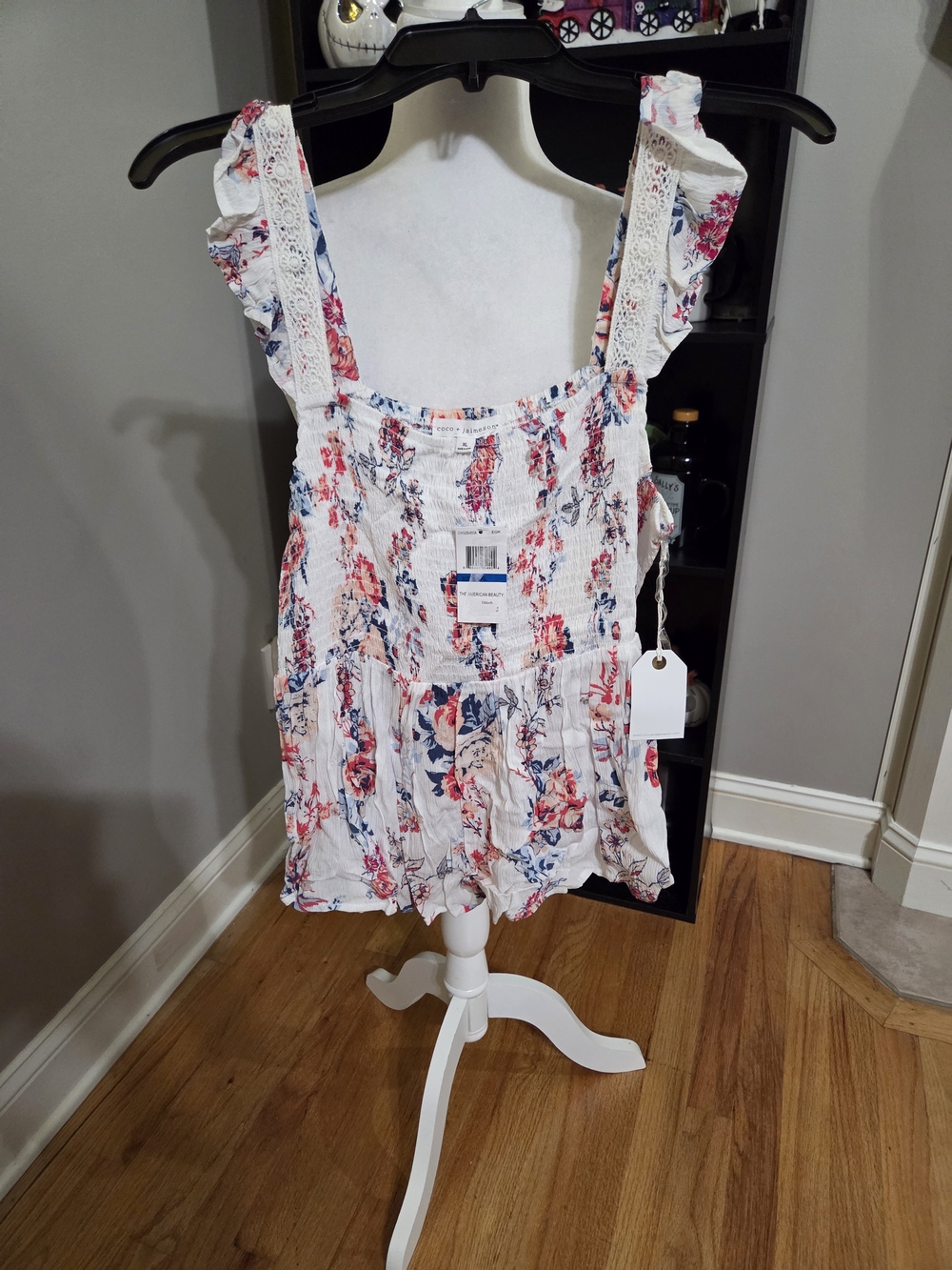 White Floral Smocked Sundress Top with Pink and Blue Blooms